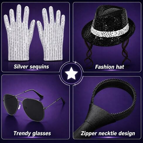 70s 80s Disco Pop Star Costume Accessories with Hat Tie Sequin Gloves Fake Microphone for Halloween Cosplay in Saudi Arabia