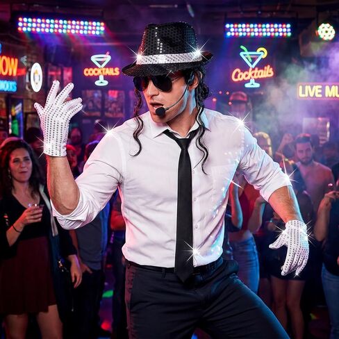 70s 80s Disco Pop Star Costume Accessories with Hat Tie Sequin Gloves Fake Microphone for Halloween Cosplay in Saudi Arabia
