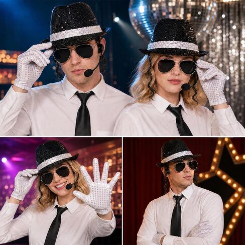 70s 80s Disco Pop Star Costume Accessories with Hat Tie Sequin Gloves Fake Microphone for Halloween Cosplay in Saudi Arabia