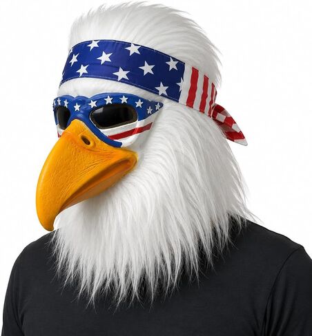 Realistic full-head latex eagle mask with white faux fur, bright yellow beak, and American flag-style headband, suitable for parties, cosplay, Halloween, and themed events. in Kuwait