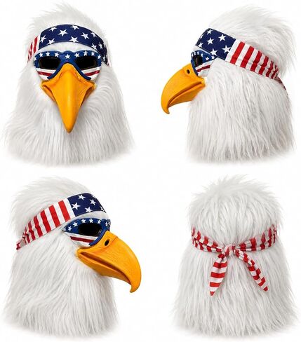 Realistic full-head latex eagle mask with white faux fur, bright yellow beak, and American flag-style headband, suitable for parties, cosplay, Halloween, and themed events. in Kuwait