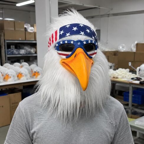 Realistic full-head latex eagle mask with white faux fur, bright yellow beak, and American flag-style headband, suitable for parties, cosplay, Halloween, and themed events. in Kuwait