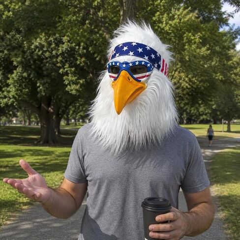 Realistic full-head latex eagle mask with white faux fur, bright yellow beak, and American flag-style headband, suitable for parties, cosplay, Halloween, and themed events. in Kuwait