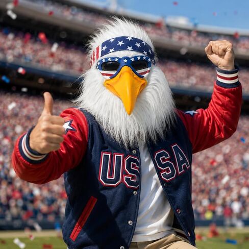 Realistic full-head latex eagle mask with white faux fur, bright yellow beak, and American flag-style headband, suitable for parties, cosplay, Halloween, and themed events. in Kuwait