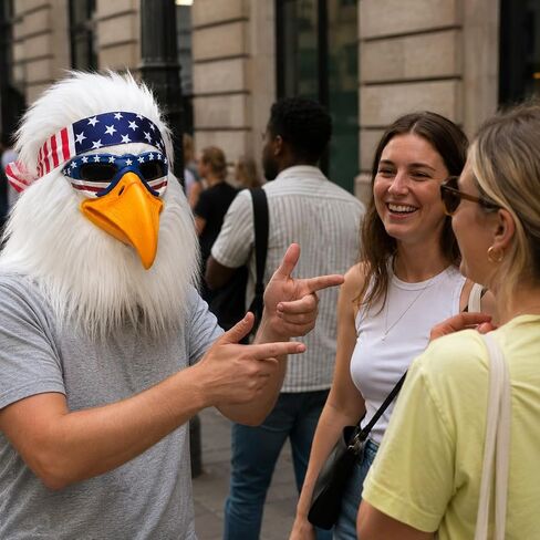 Realistic full-head latex eagle mask with white faux fur, bright yellow beak, and American flag-style headband, suitable for parties, cosplay, Halloween, and themed events. in Kuwait