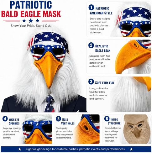 Realistic full-head latex eagle mask with white faux fur, bright yellow beak, and American flag-style headband, suitable for parties, cosplay, Halloween, and themed events. in Kuwait