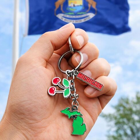 Westmon Works Michigan Cherry Keychain – Cute MIState Charm Keychain with Red Cherries Charm, Silver Metal Key Ring, Souvenir Gift for Women, Men, Travelers in Kuwait
