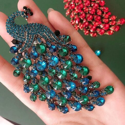 Rhinestone Big Peacock Brooch Pin for Women - Exquisite Exaggerated Colorful Crystal Bird Animal Lapel Pin, Vintage Dress Accessories & Fashion Jewelry in Kuwait