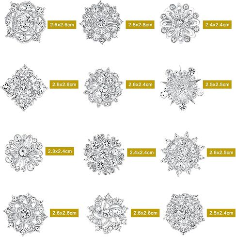 12Pcs Rhinestone Flower Brooch Pins Set Crystal Rhinestone Brooches for Women Silver Brooch Pins Decorative Pins Fashion Jewelry Pins for Women DIY Bridal Wedding Bouquet in Saudi Arabia