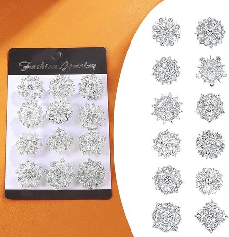 12Pcs Rhinestone Flower Brooch Pins Set Crystal Rhinestone Brooches for Women Silver Brooch Pins Decorative Pins Fashion Jewelry Pins for Women DIY Bridal Wedding Bouquet in Saudi Arabia