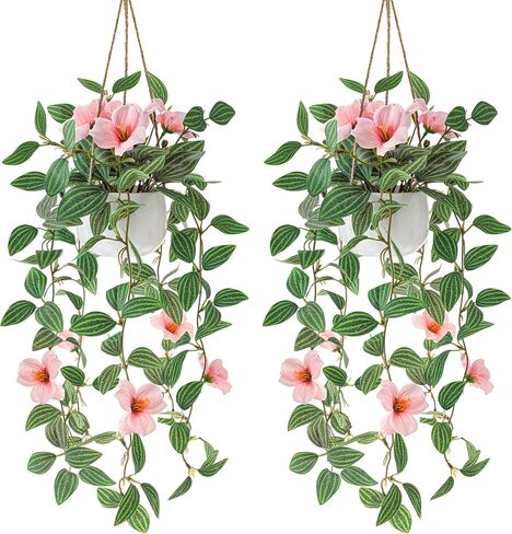Folmywy Fake Hanging Plants 2 Pack Artificial Flower Decor Pink Hanging Flower Fake Potted Plant Faux Vines Greenery for Wall Decoration Shelf Indoor Outdoor Living Room Bedroom Office in Saudi Arabia