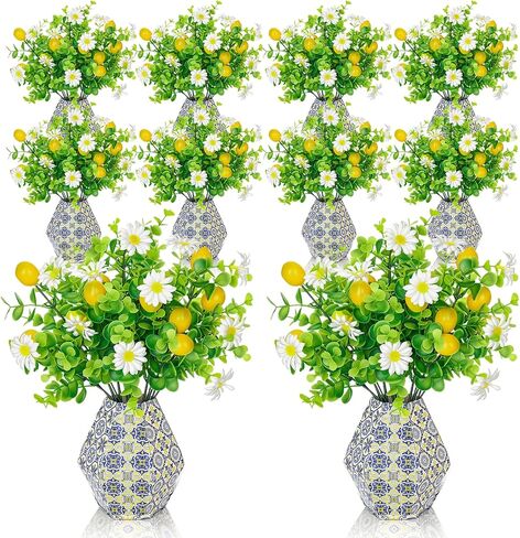 30 Pcs Amalfi Coast Party Decor-20 Artificial Lemon Branches with 10 Blue Tiles Paper Vases Mediterranean Wedding Table Centerpieces Capri Positano Summer Italian Party Decoration in Saudi Arabia