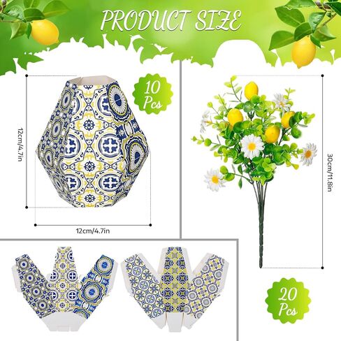 30 Pcs Amalfi Coast Party Decor-20 Artificial Lemon Branches with 10 Blue Tiles Paper Vases Mediterranean Wedding Table Centerpieces Capri Positano Summer Italian Party Decoration in Saudi Arabia