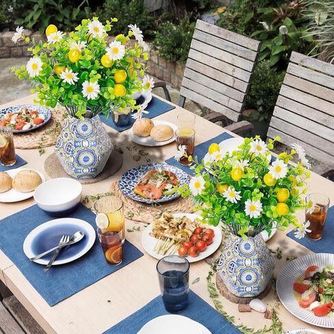 30 Pcs Amalfi Coast Party Decor-20 Artificial Lemon Branches with 10 Blue Tiles Paper Vases Mediterranean Wedding Table Centerpieces Capri Positano Summer Italian Party Decoration in Saudi Arabia