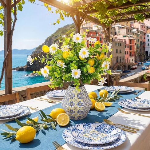 30 Pcs Amalfi Coast Party Decor-20 Artificial Lemon Branches with 10 Blue Tiles Paper Vases Mediterranean Wedding Table Centerpieces Capri Positano Summer Italian Party Decoration in Saudi Arabia