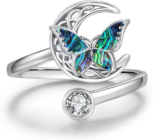 Abalone Butterfly Adjustable Ring 925 Sterling Silver Open Celtic Moon Rings Irish Butterfly Jewelry Gifts for Women Girlfriends in Kuwait