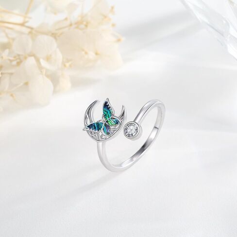 Abalone Butterfly Adjustable Ring 925 Sterling Silver Open Celtic Moon Rings Irish Butterfly Jewelry Gifts for Women Girlfriends in Kuwait
