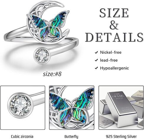 Abalone Butterfly Adjustable Ring 925 Sterling Silver Open Celtic Moon Rings Irish Butterfly Jewelry Gifts for Women Girlfriends in Kuwait