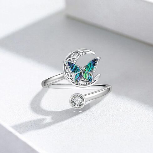 Abalone Butterfly Adjustable Ring 925 Sterling Silver Open Celtic Moon Rings Irish Butterfly Jewelry Gifts for Women Girlfriends in Kuwait