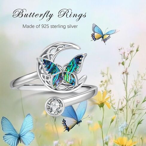 Abalone Butterfly Adjustable Ring 925 Sterling Silver Open Celtic Moon Rings Irish Butterfly Jewelry Gifts for Women Girlfriends in Kuwait
