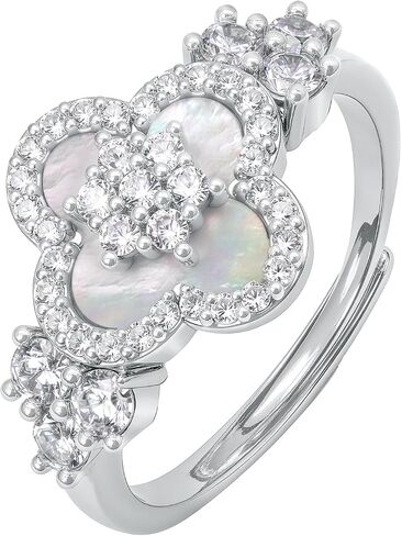 Aura & Irena 18K Gold Plated Clover Rings for Women - Adjustable Mother of Pearl Ring with 3A Cubic Zirconia, Valentine's Day Gift in Saudi Arabia