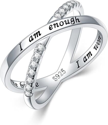 925 Sterling Silver Ring for Women I am Enough Inspirational Ring CZ Simulated Criss Cross X Ring in Saudi Arabia