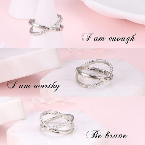 925 Sterling Silver Ring for Women I am Enough Inspirational Ring CZ Simulated Criss Cross X Ring in Saudi Arabia