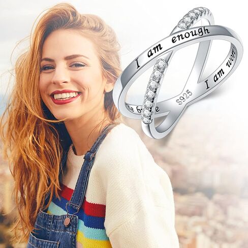 925 Sterling Silver Ring for Women I am Enough Inspirational Ring CZ Simulated Criss Cross X Ring in Saudi Arabia