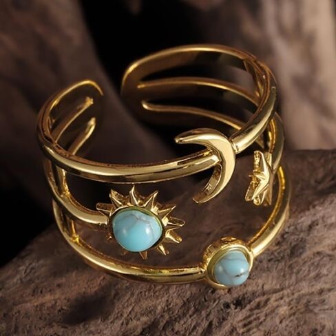Retro Hip-hop Style Inlay Synthetic Turquoise Star Moon Opening Adjustable Ring for Men Women Party Carnival Punk Fashion Trend Jewelry Accessories in Kuwait