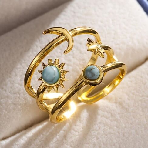 Retro Hip-hop Style Inlay Synthetic Turquoise Star Moon Opening Adjustable Ring for Men Women Party Carnival Punk Fashion Trend Jewelry Accessories in Kuwait
