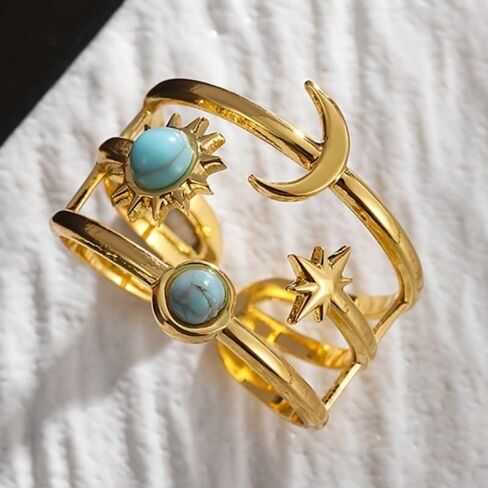 Retro Hip-hop Style Inlay Synthetic Turquoise Star Moon Opening Adjustable Ring for Men Women Party Carnival Punk Fashion Trend Jewelry Accessories in Kuwait