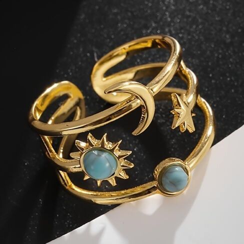 Retro Hip-hop Style Inlay Synthetic Turquoise Star Moon Opening Adjustable Ring for Men Women Party Carnival Punk Fashion Trend Jewelry Accessories in Kuwait
