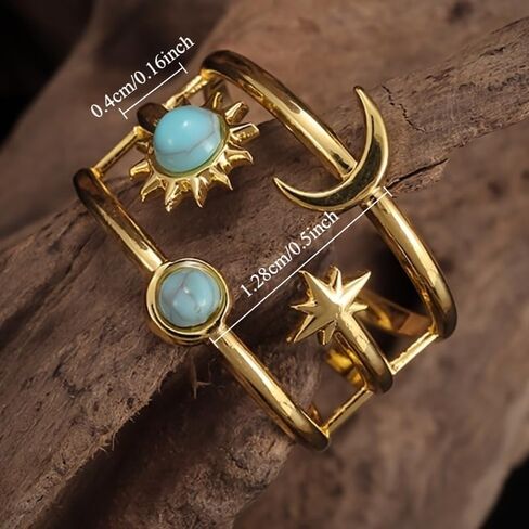 Retro Hip-hop Style Inlay Synthetic Turquoise Star Moon Opening Adjustable Ring for Men Women Party Carnival Punk Fashion Trend Jewelry Accessories in Kuwait