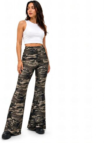 Women's Camo Flare Pants High Waisted Stretch Bell Bottom Pants, Elastic Waist Camouflage Lounge Pants in Saudi Arabia