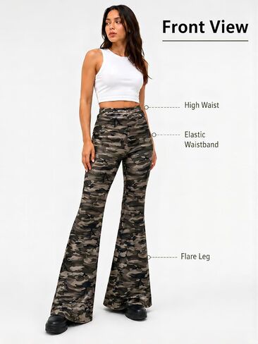 Women's Camo Flare Pants High Waisted Stretch Bell Bottom Pants, Elastic Waist Camouflage Lounge Pants in Saudi Arabia