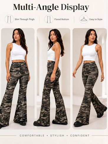 Women's Camo Flare Pants High Waisted Stretch Bell Bottom Pants, Elastic Waist Camouflage Lounge Pants in Saudi Arabia