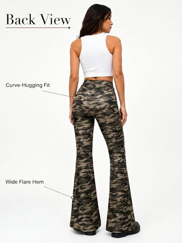 Women's Camo Flare Pants High Waisted Stretch Bell Bottom Pants, Elastic Waist Camouflage Lounge Pants in Saudi Arabia