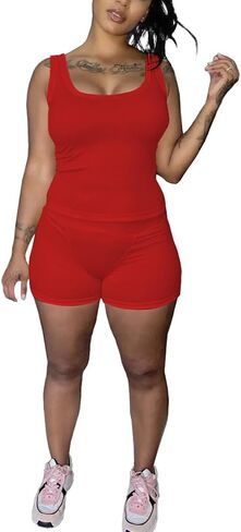 Womens Sleeveless Two Piece Set Summer Tank Top & Shorts Casual Lounge Workout Athletic Matching Outfits in Saudi Arabia