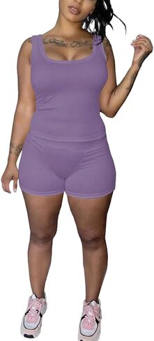 Womens Sleeveless Two Piece Set Summer Tank Top & Shorts Casual Lounge Workout Athletic Matching Outfits in Saudi Arabia