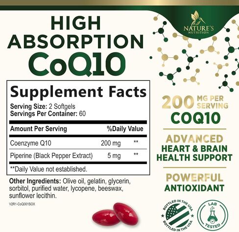 CoQ10 Softgels - Coenzyme Q10 200mg Per Serving - Extra Strength Coenzyme Q10 Supplement - Piperine for Enhanced Absorption - CoQ10 Antioxidant for Heart Health Support - Bottled in USA - 120 Softgels in Kuwait