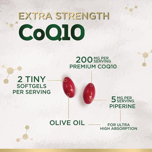 CoQ10 Softgels - Coenzyme Q10 200mg Per Serving - Extra Strength Coenzyme Q10 Supplement - Piperine for Enhanced Absorption - CoQ10 Antioxidant for Heart Health Support - Bottled in USA - 120 Softgels in Kuwait