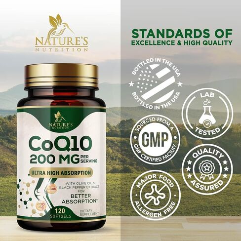 CoQ10 Softgels - Coenzyme Q10 200mg Per Serving - Extra Strength Coenzyme Q10 Supplement - Piperine for Enhanced Absorption - CoQ10 Antioxidant for Heart Health Support - Bottled in USA - 120 Softgels in Kuwait