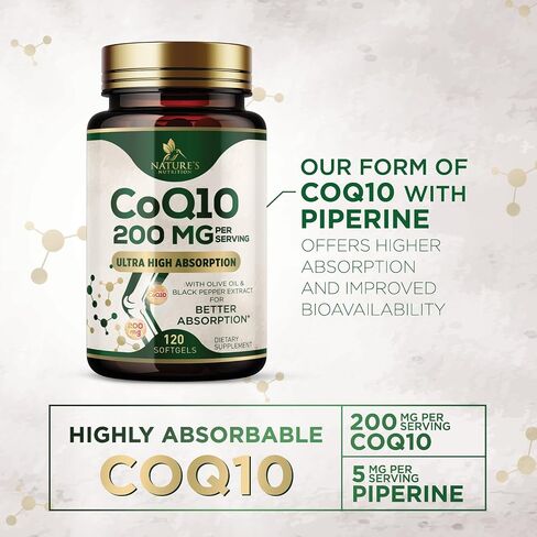 CoQ10 Softgels - Coenzyme Q10 200mg Per Serving - Extra Strength Coenzyme Q10 Supplement - Piperine for Enhanced Absorption - CoQ10 Antioxidant for Heart Health Support - Bottled in USA - 120 Softgels in Kuwait