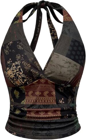 Milumia Women's Boho V Neck Halter Crop Top Retro Hippie Tie Backless Going Out Tank Tops in Kuwait