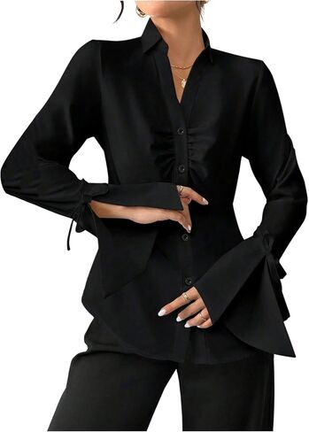 Verdusa Women's Bow Flounce Sleeve Button Up Dressy Blouse Ruched Collared Elegant Shirts in Saudi Arabia