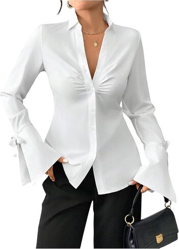 Verdusa Women's Bow Flounce Sleeve Button Up Dressy Blouse Ruched Collared Elegant Shirts in Kuwait
