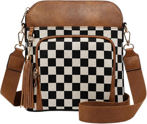 Checkered Crossbody Bags for Women, Lightweight Plaid Purse, PU Leather Canvas Over Shoulder Handbag with Adjustable Strap in Saudi Arabia