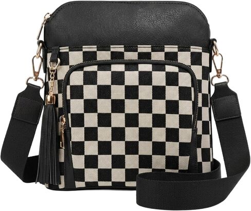 Checkered Crossbody Bags for Women, Lightweight Plaid Purse, PU Leather Canvas Over Shoulder Handbag with Adjustable Strap in Kuwait