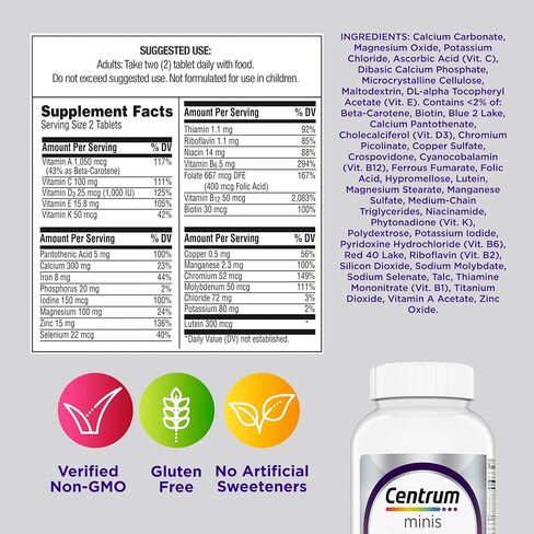 Centrum Minis Silver Women's Multivitamin for Women 50 Plus, Multimineral Supplement with Vitamin D3, B Vitamins, Non-GMO Ingredients, Supports Memory and Cognition in Older Adults - 280 Ct in Kuwait
