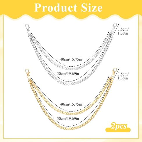 2PCS Double Layer Pants Chain for Men Women, Gold Silver Metal Jeans Wallet Chain with Clip, Hip Hop Punk Biker Pocket Belt Accessory in Saudi Arabia